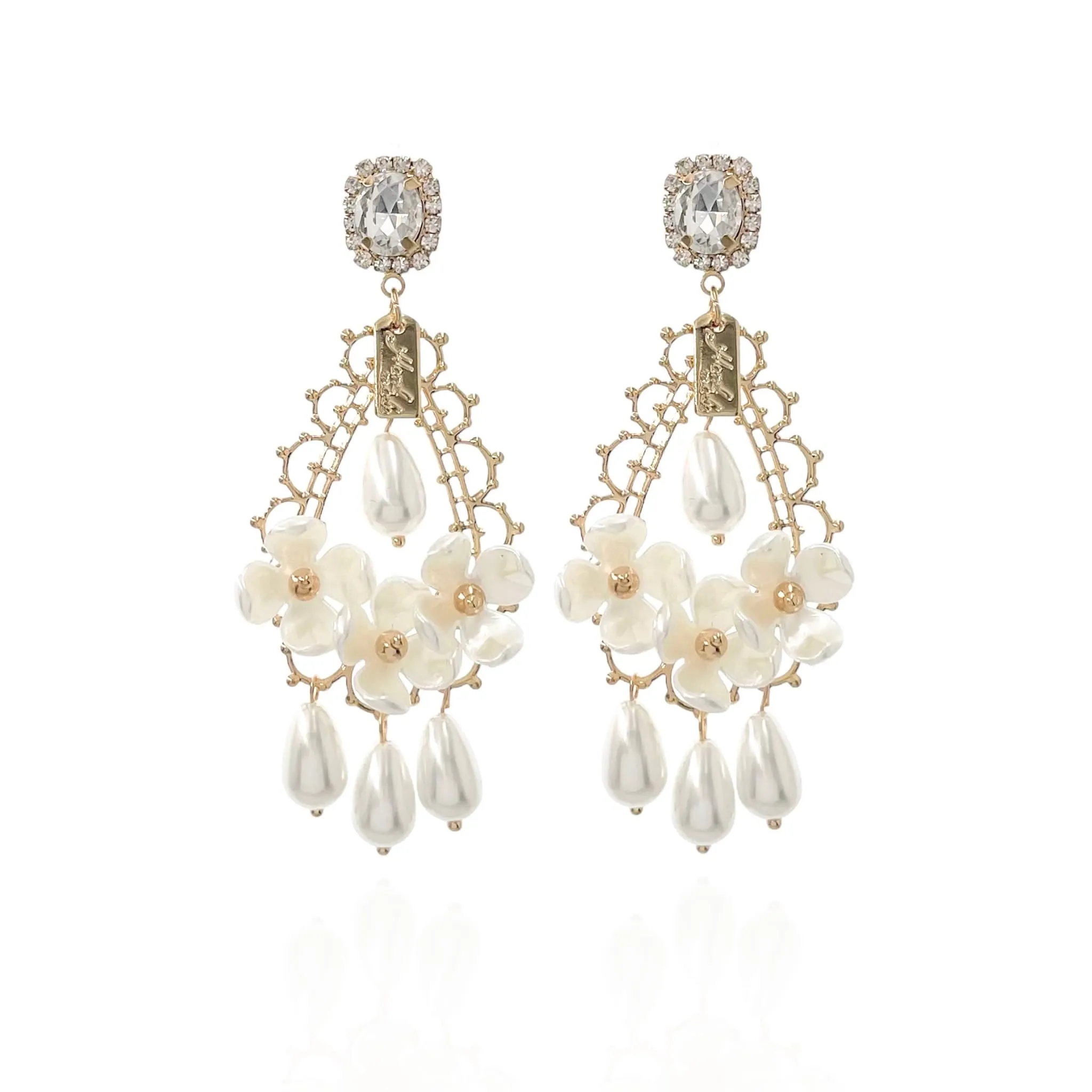 Orecchini Donna Coppia Pendenti Perle Fiori Bicolore Elegante Cerimonia