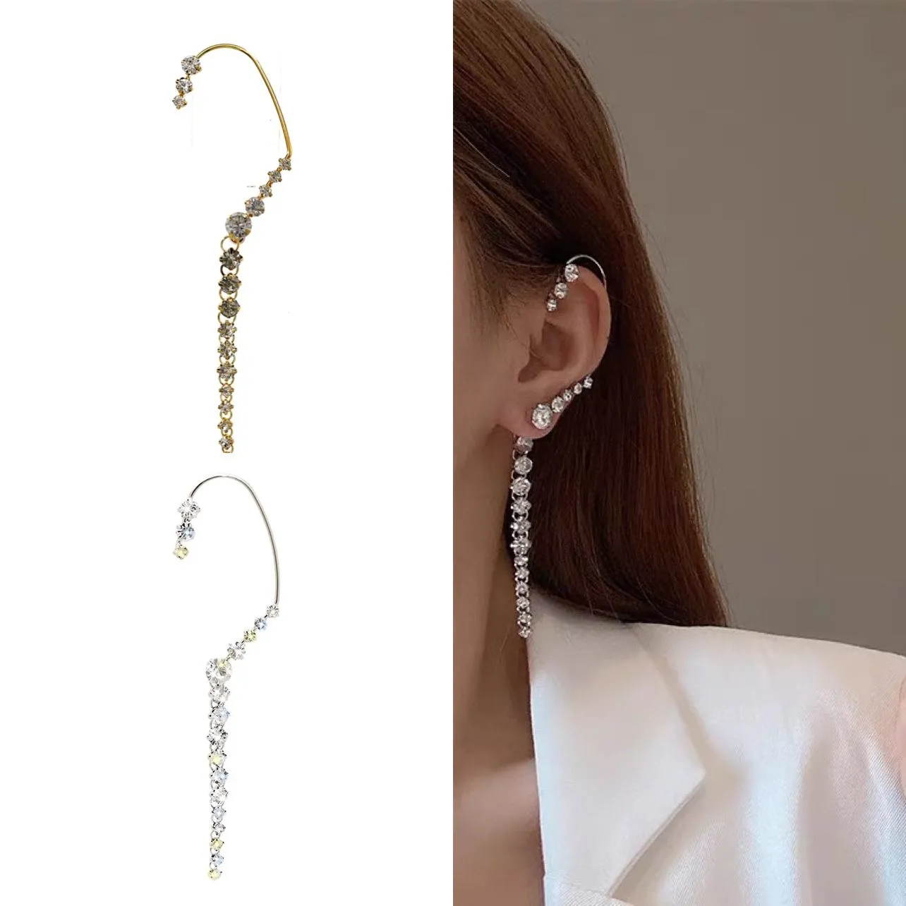 Orecchino Donna Gioiello Earcuff Strass Elegante Casual Acciaio