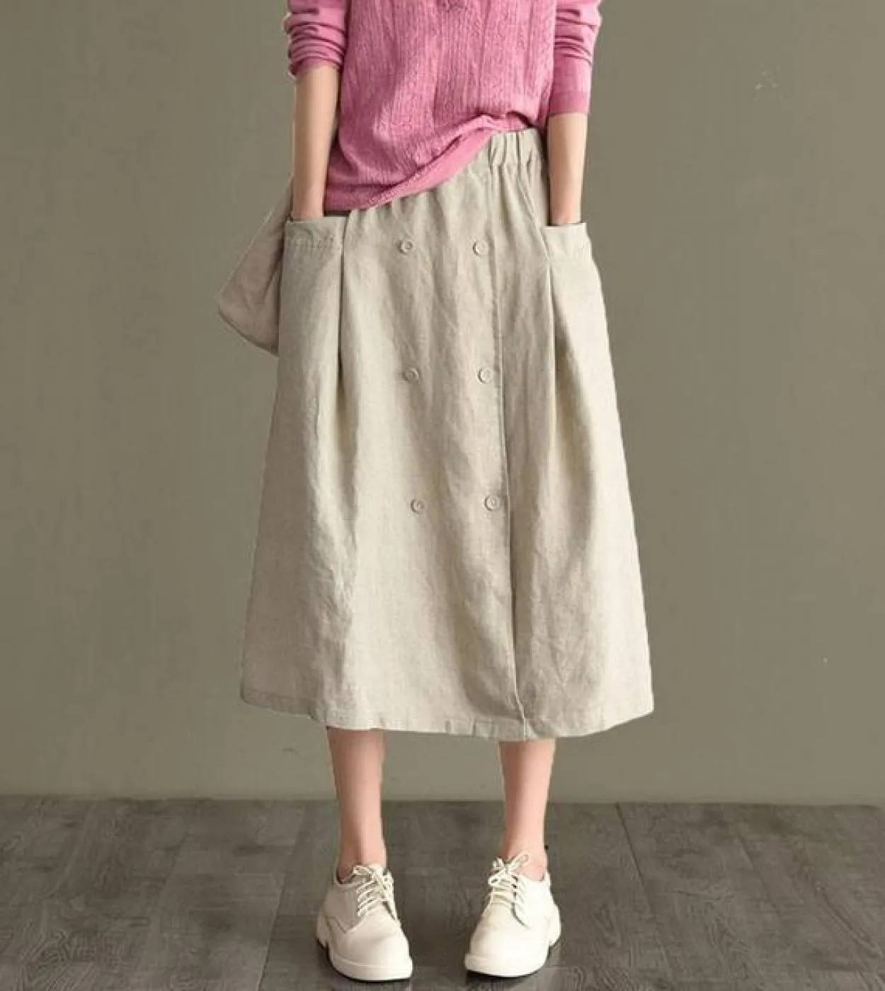 Primavera Autunno New Arts Style Donna Elastico in vita Gonna lunga Aline allentata Gonne casual in lino di cotone doppiopetto M