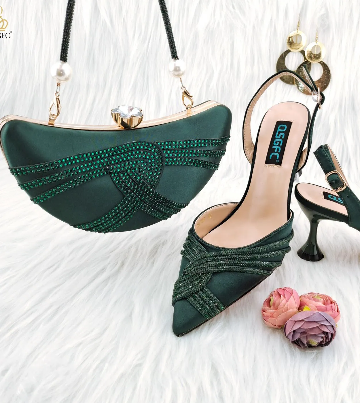 Qsgfc New Green Flash Diamond Decoration Eleganti e intellettuali Squisite scarpe da donna per banchetti e borsa