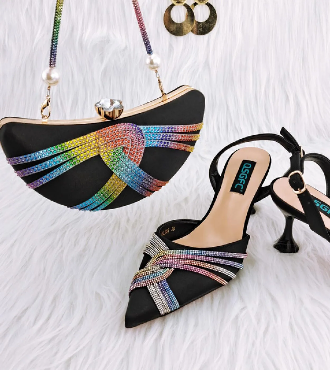 Qsgfc New Green Flash Diamond Decoration Eleganti e intellettuali Squisite scarpe da donna per banchetti e borsa