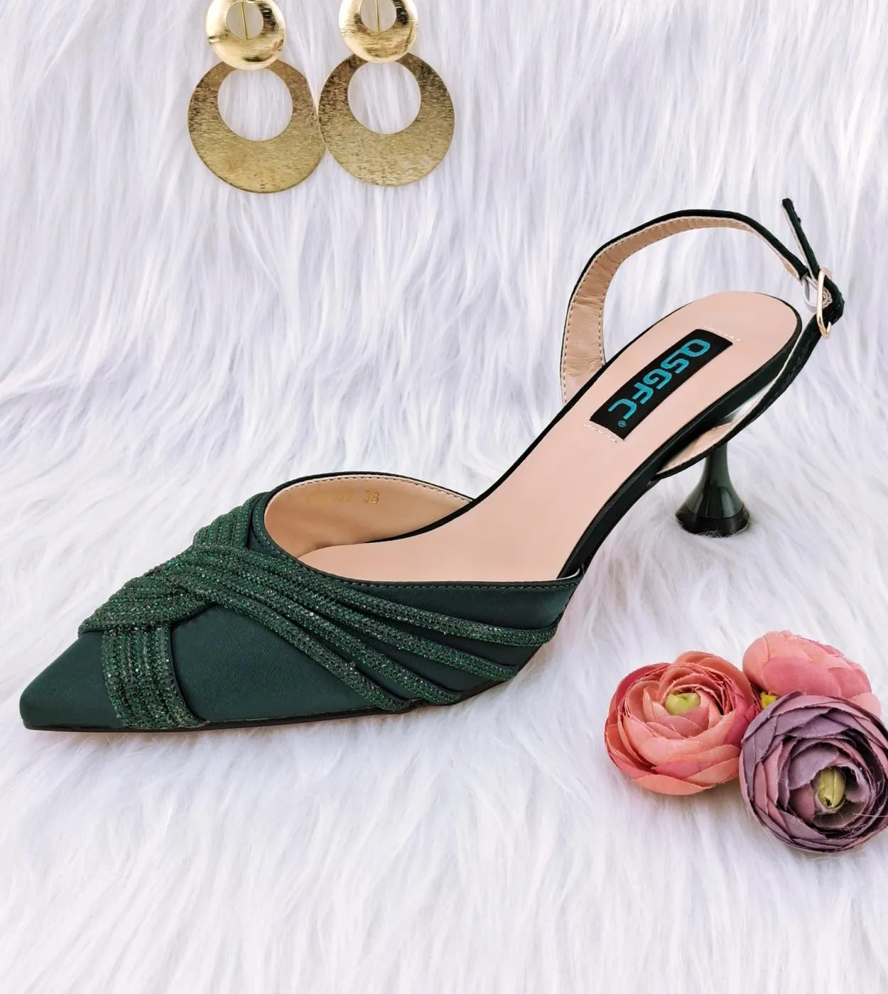 Qsgfc New Green Flash Diamond Decoration Eleganti e intellettuali Squisite scarpe da donna per banchetti e borsa