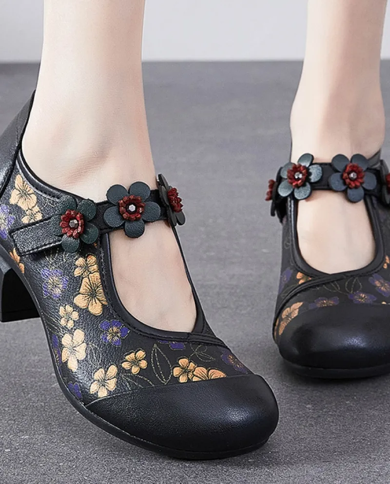 Scarpe con tacco alto da donna autunno primavera Fiori Décolleté fatti a mano Scarpe da donna con tacco spesso in vera pelle ret