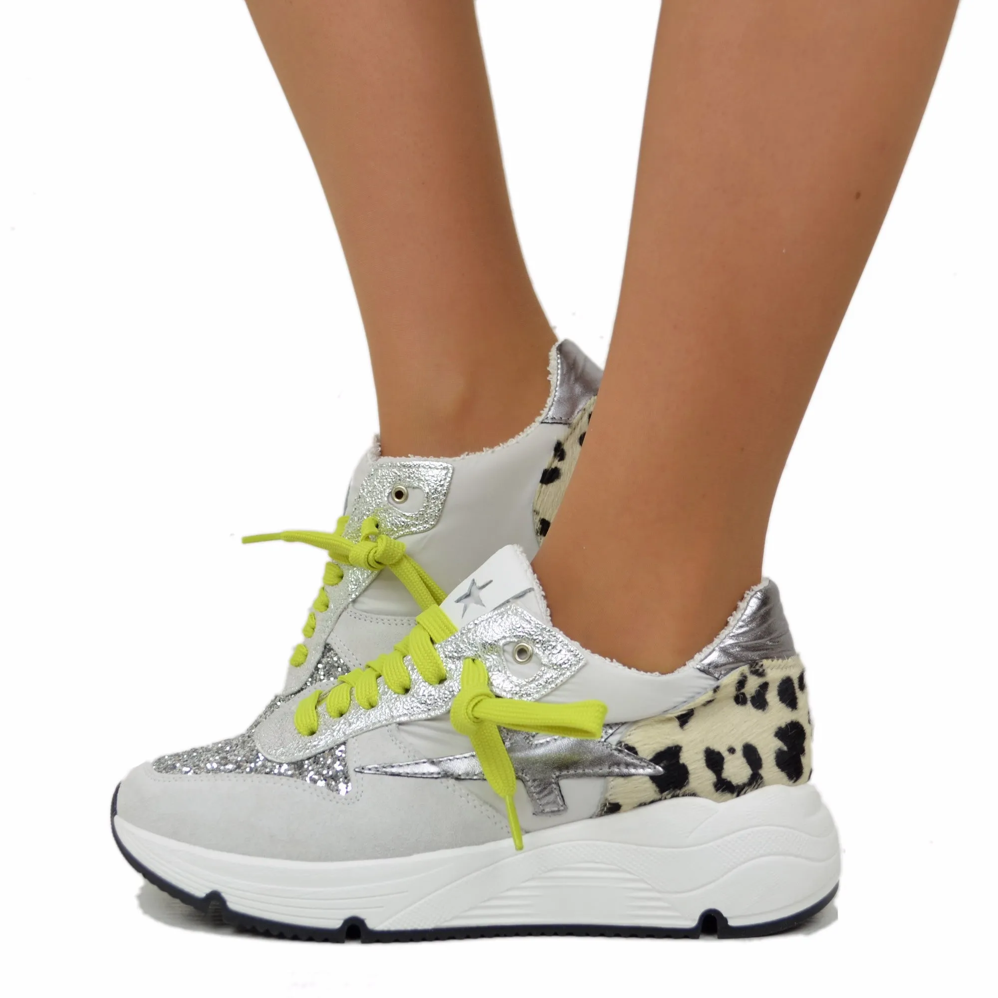 Sneakers Glitter in Pelle Scamosciata animalier Fondo Platform Morbido