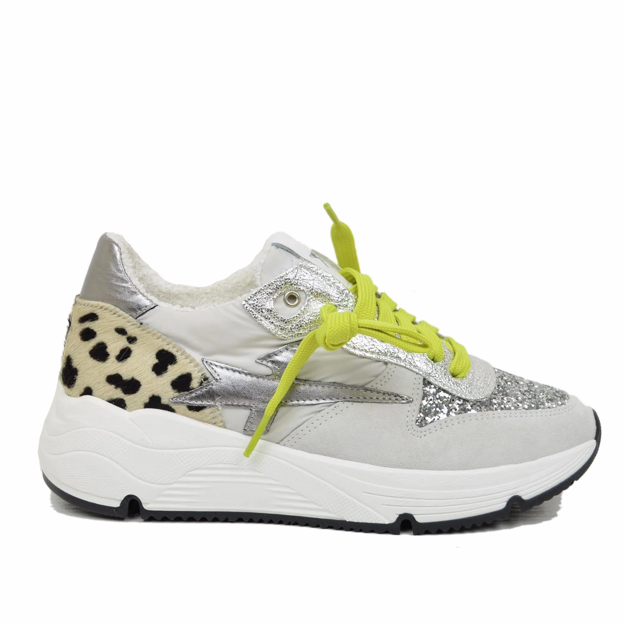 Sneakers Glitter in Pelle Scamosciata animalier Fondo Platform Morbido