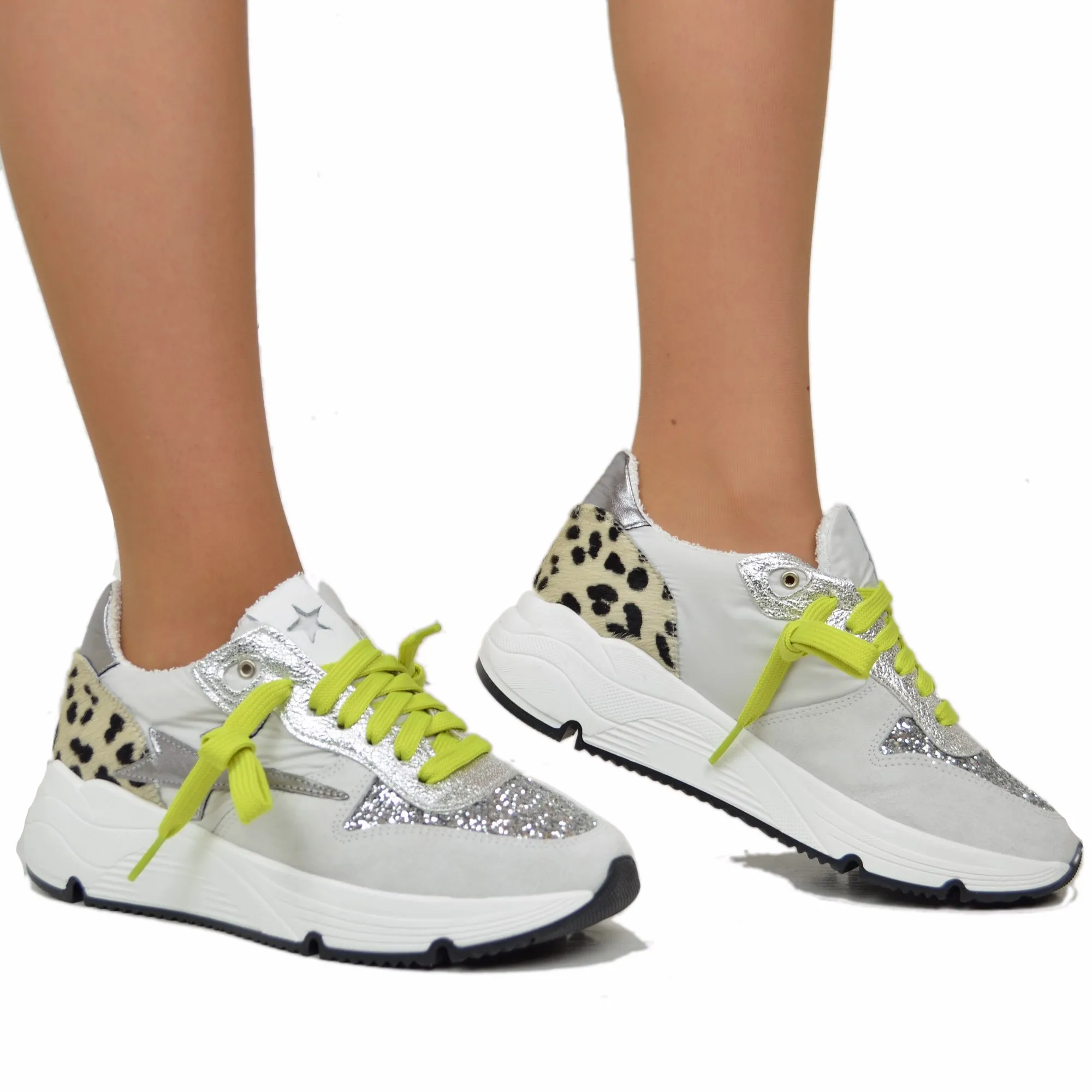 Sneakers Glitter in Pelle Scamosciata animalier Fondo Platform Morbido
