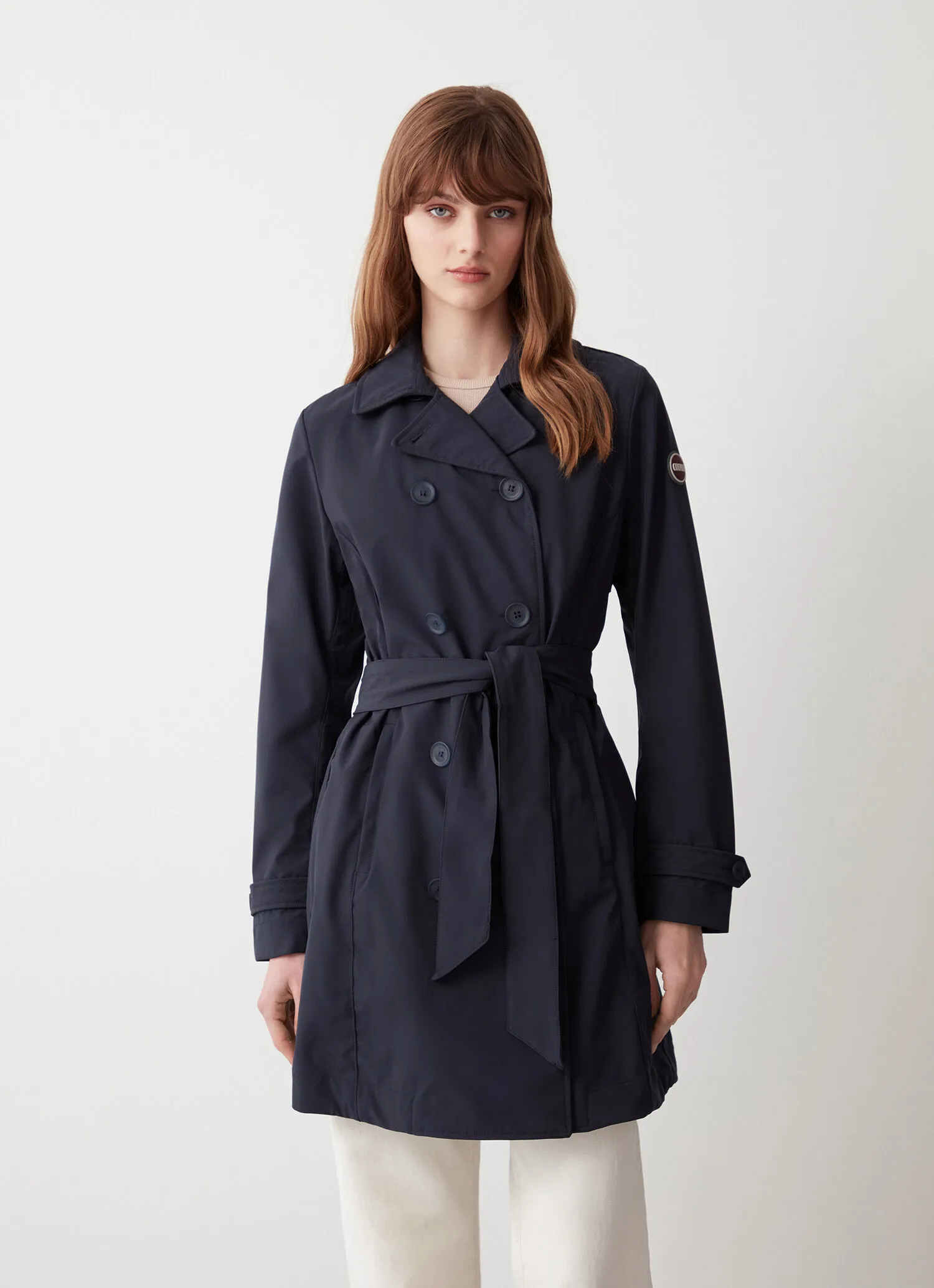 Softshell trench coat with belted waist