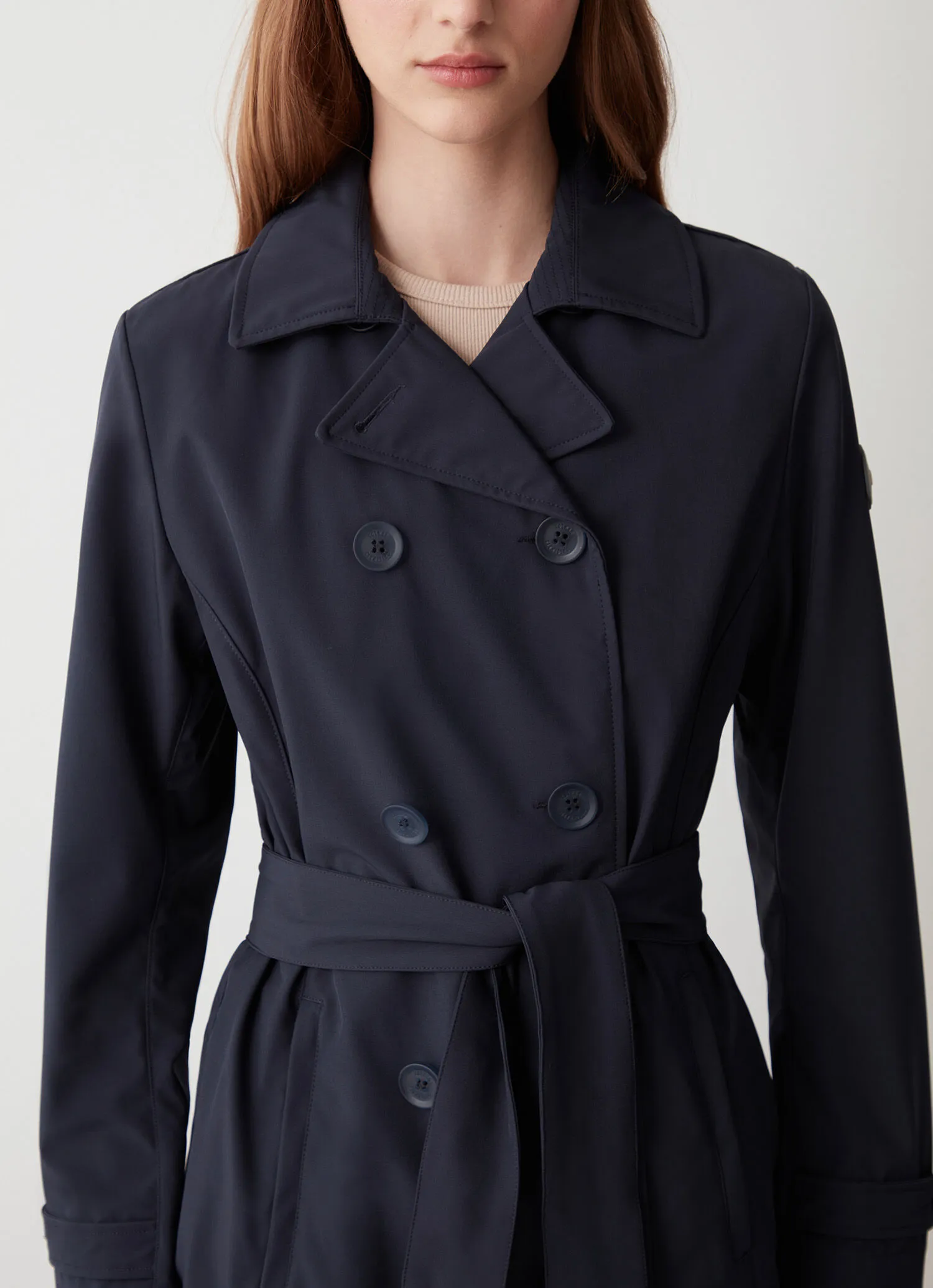Softshell trench coat with belted waist