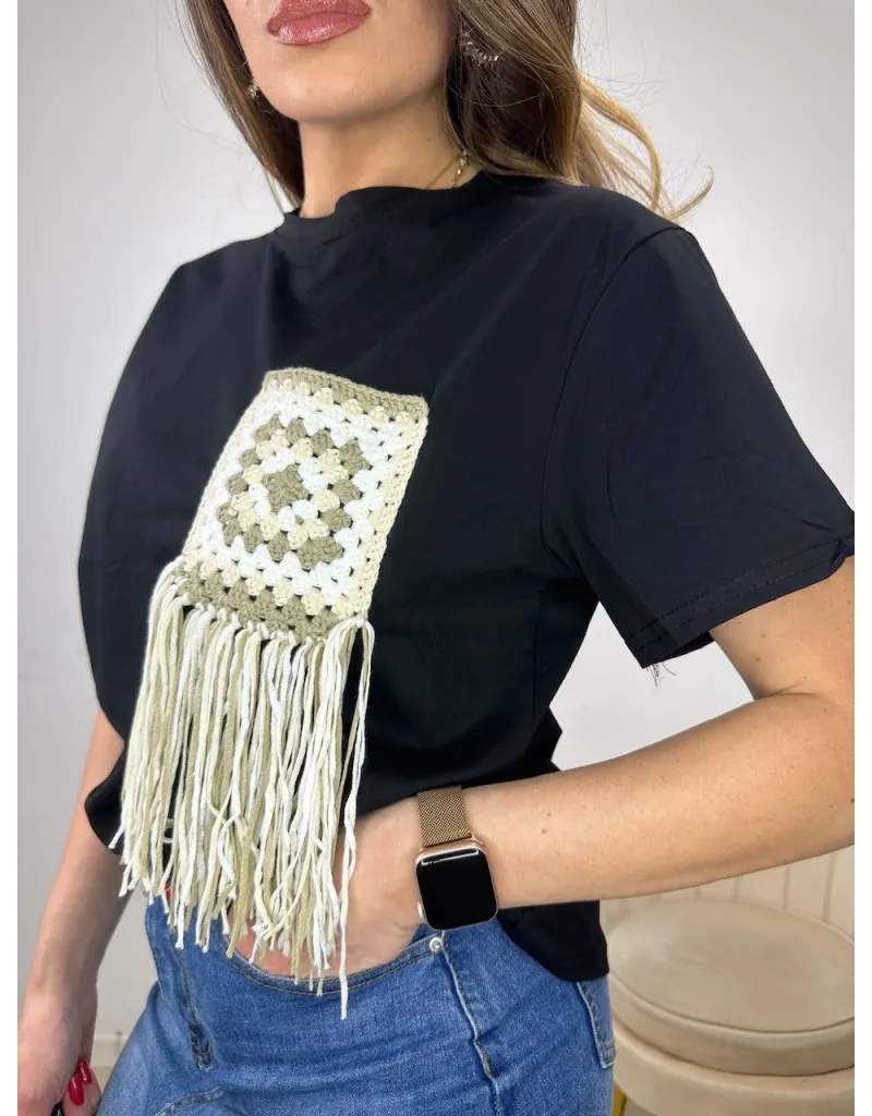 T-SHIRT CLEMY NERA CON TASCHINO BEIGE