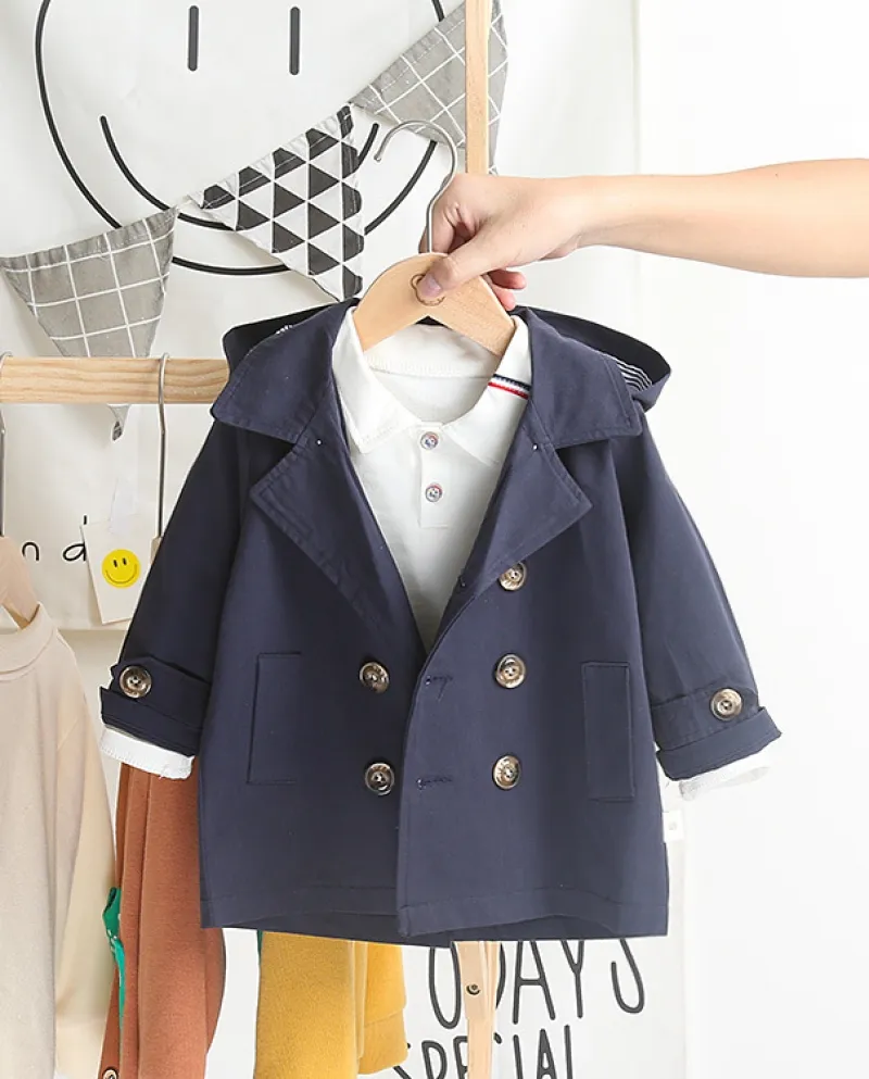 Trench coat di media lunghezza in tinta unita con risvolto per bambini con bottoni