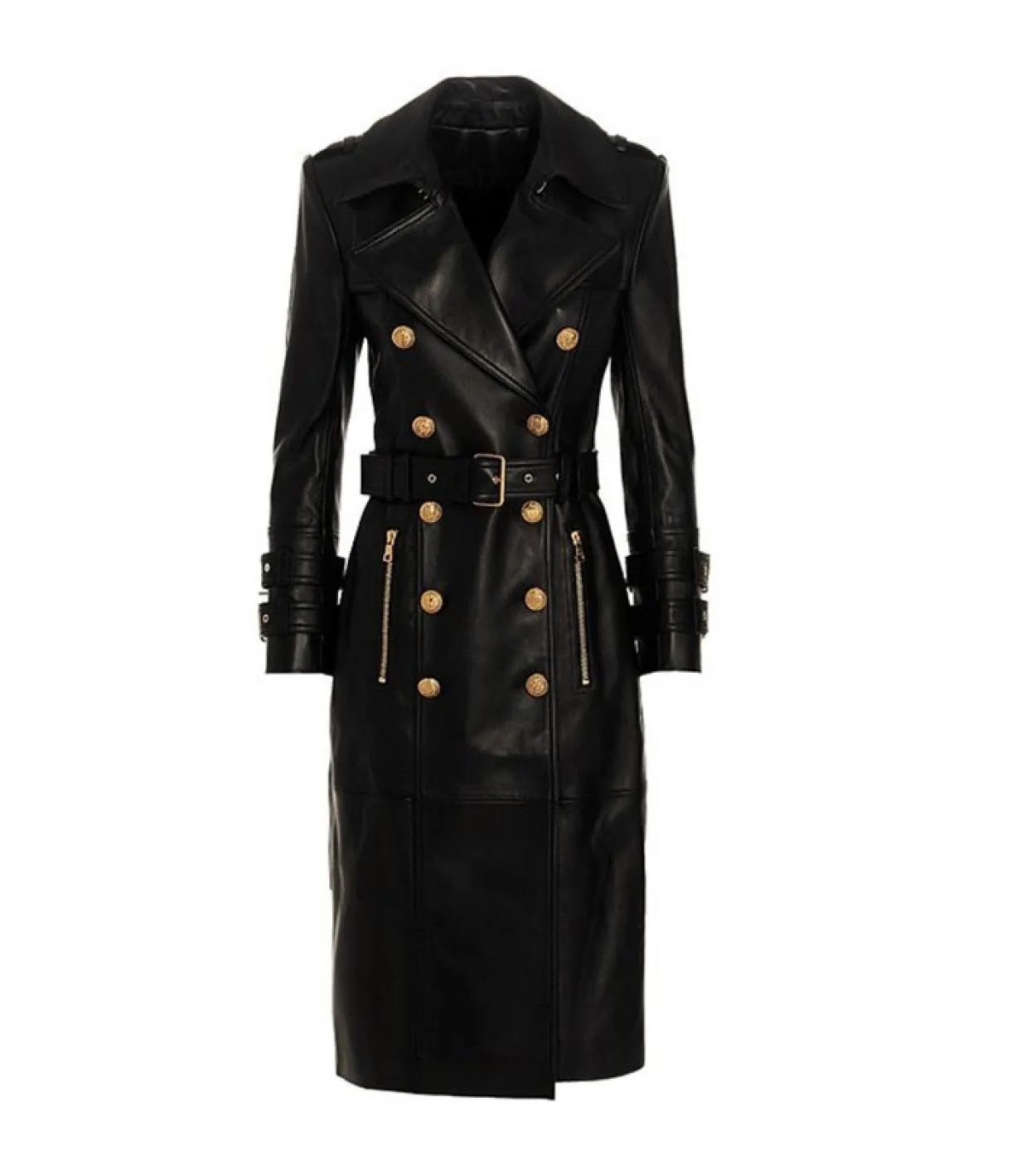 Trench Women Novità 2022 Autunno Inverno Designer Women Doppiopetto Lion Buttons Trench lungo in pelle sintetica