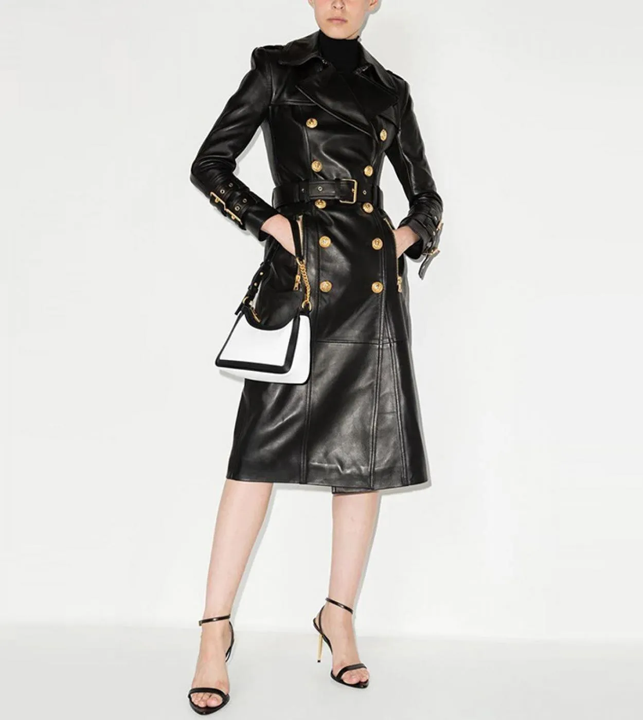 Trench Women Novità 2022 Autunno Inverno Designer Women Doppiopetto Lion Buttons Trench lungo in pelle sintetica