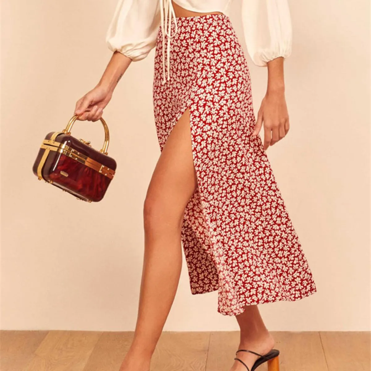 Vita alta con spacco floreale Gonna a metà donna Vintage Boho Gonne a trapezio Slim Party Streetwear 2022 Holiday Beachwe