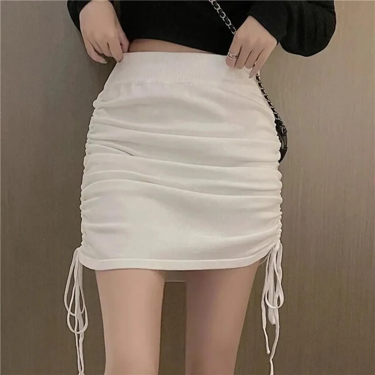 Xpqbb Gonne aderenti con coulisse estive Donna 2022 Gonna a pieghe a vita alta Donna Pacchetto tinta unita Mini gonne all'anca L