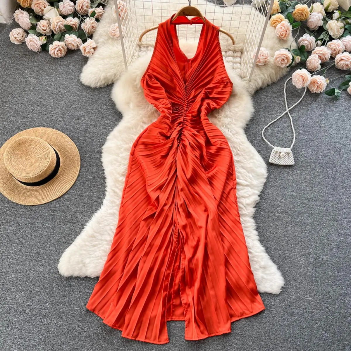 Youe Abito formale estivo Donna Pieghe pieghe Canotta senza maniche Abiti longuette slim Party Evening Shirring Abiti eleganti N