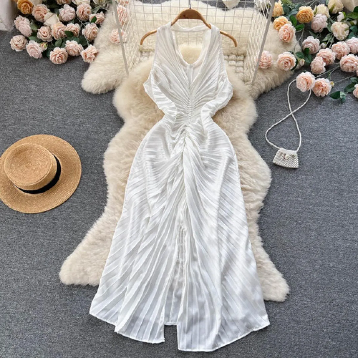 Youe Abito formale estivo Donna Pieghe pieghe Canotta senza maniche Abiti longuette slim Party Evening Shirring Abiti eleganti N