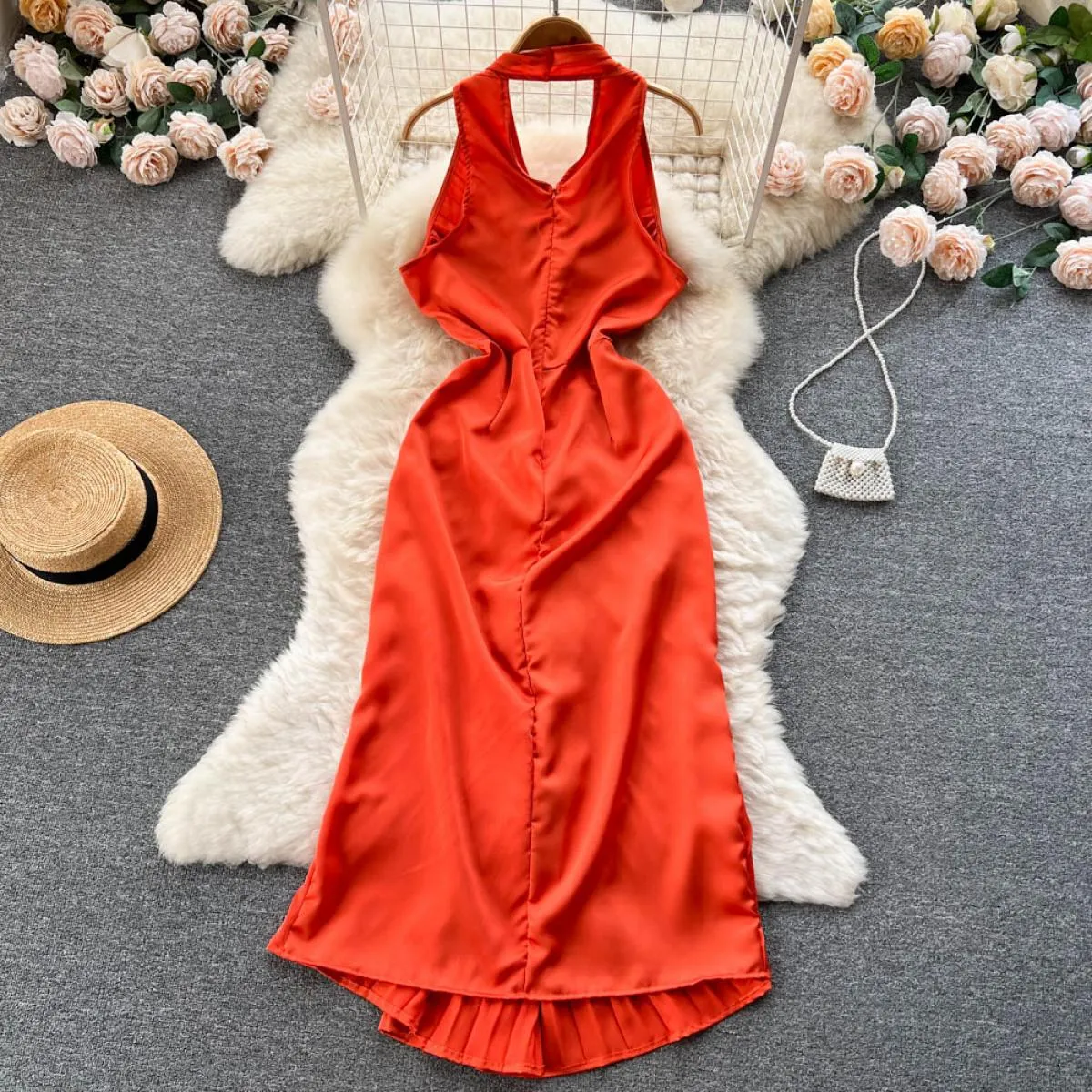 Youe Abito formale estivo Donna Pieghe pieghe Canotta senza maniche Abiti longuette slim Party Evening Shirring Abiti eleganti N