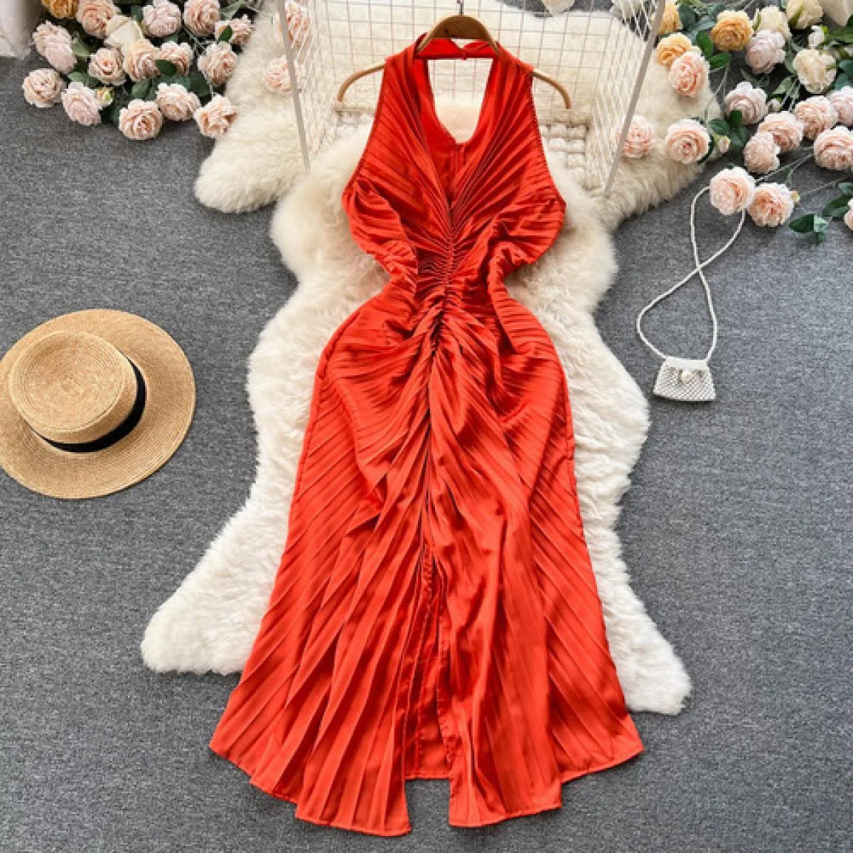 Youe Abito formale estivo Donna Pieghe pieghe Canotta senza maniche Abiti longuette slim Party Evening Shirring Abiti eleganti N