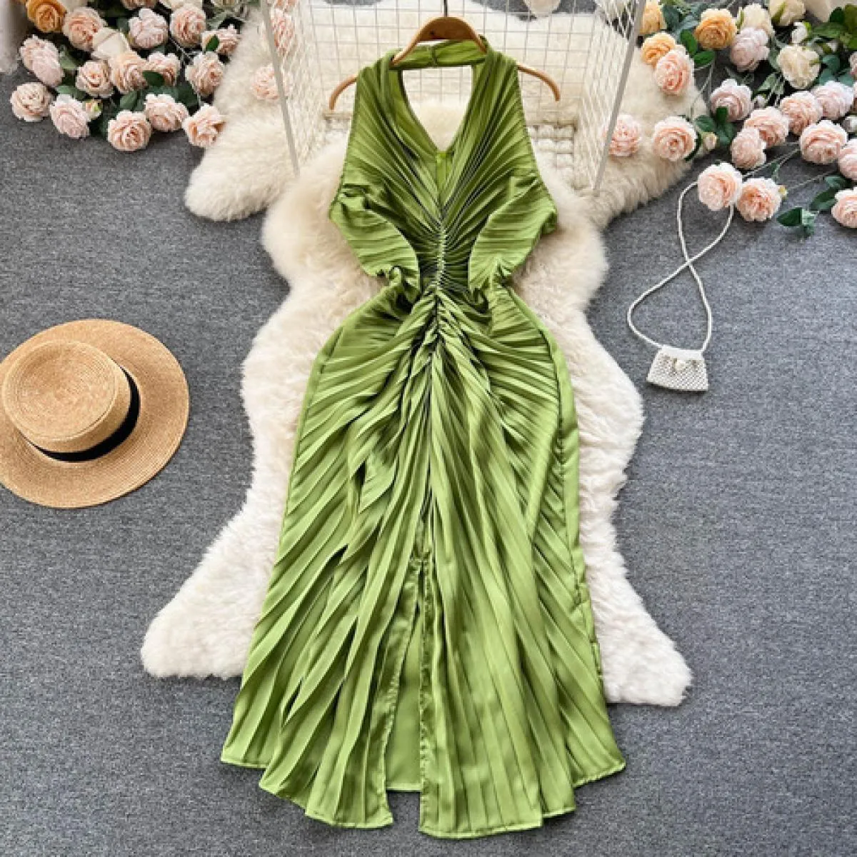Youe Abito formale estivo Donna Pieghe pieghe Canotta senza maniche Abiti longuette slim Party Evening Shirring Abiti eleganti N