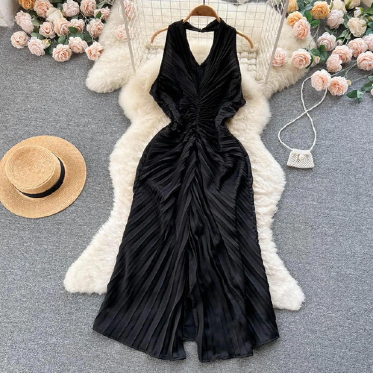 Youe Abito formale estivo Donna Pieghe pieghe Canotta senza maniche Abiti longuette slim Party Evening Shirring Abiti eleganti N